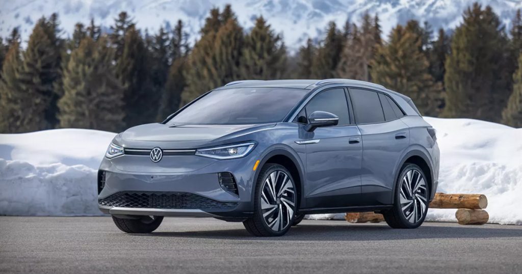 A Volkswagen in a wintery setting.